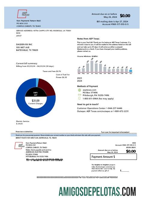 Em branco modelo de conta de serviços públicos de eletricidade da AEP Texas dos EUA em formatos Word e PDF